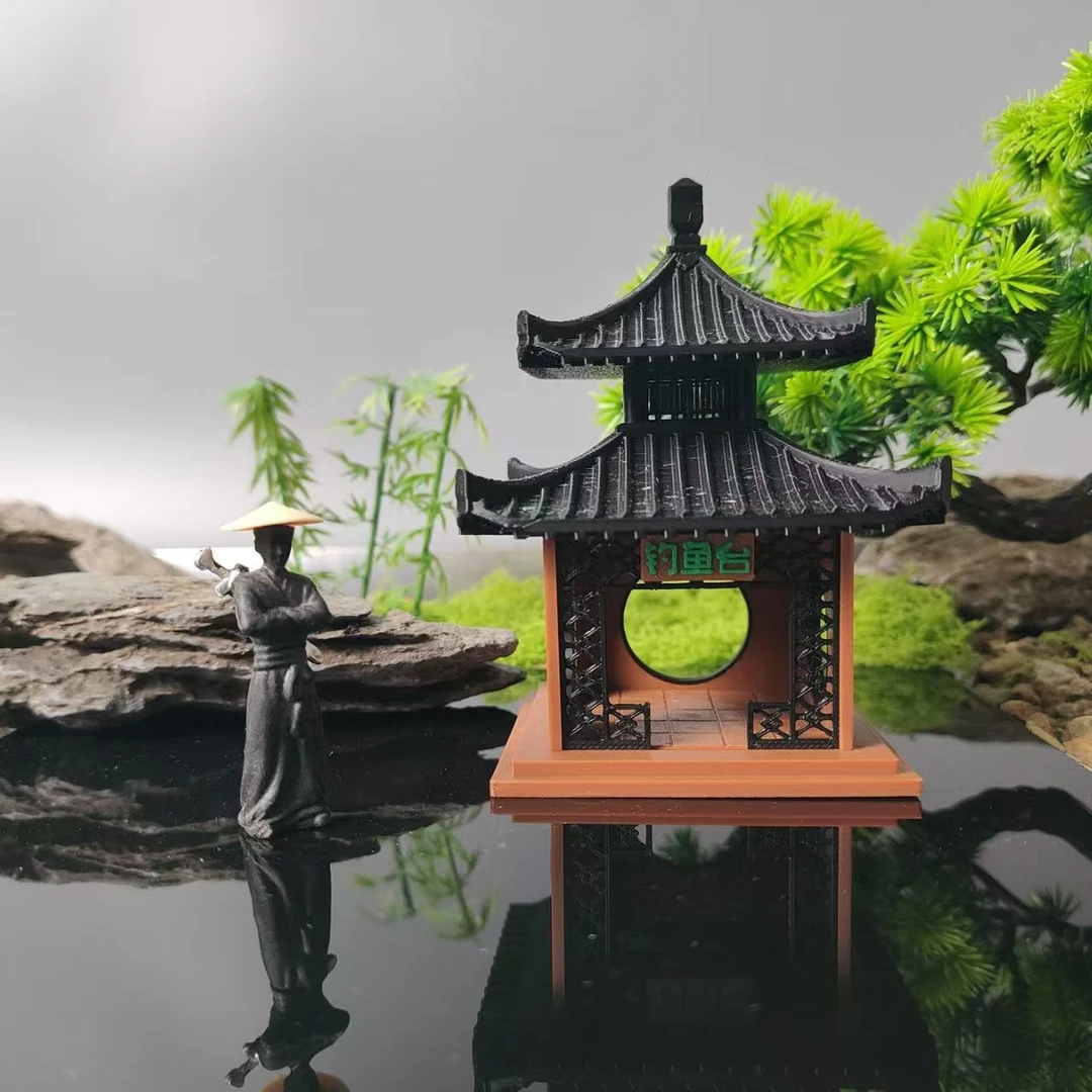 国风古建筑模型3D打印国风山水微景观假山盆景装饰钓鱼台