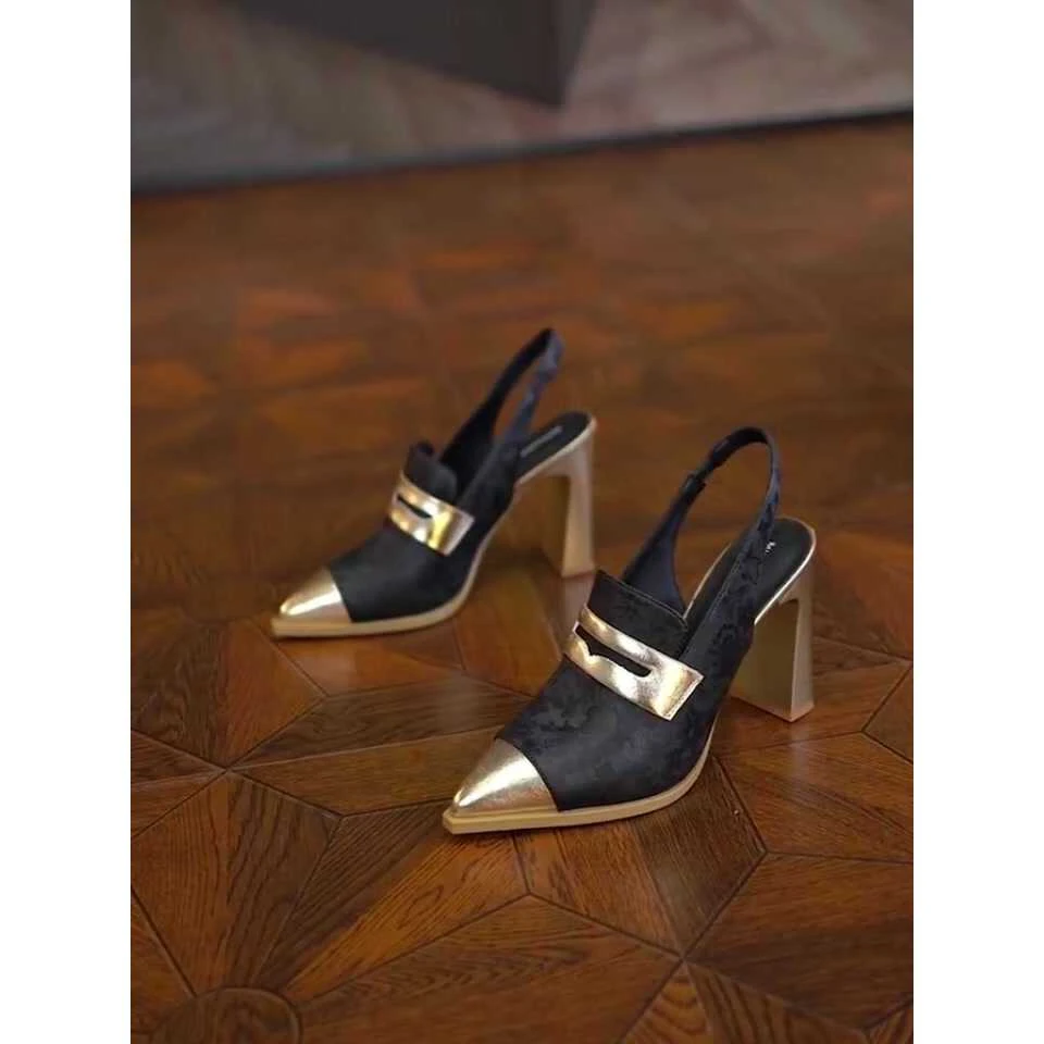 8CM欧美拼色国潮风绣花尖头超高跟包头后空凉鞋女粗跟松紧带2025