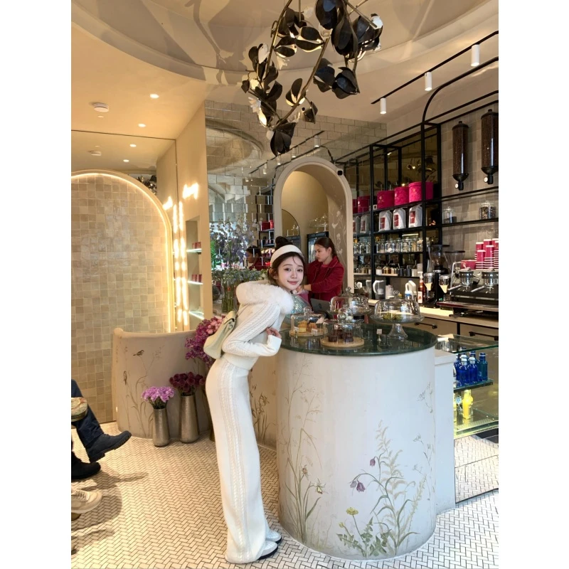 秋冬新款气质设计感毛领拼接连帽针织衫秋季显瘦休闲裤长裤两件套