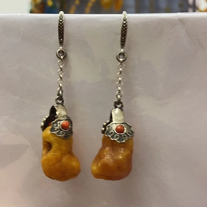 蜜蜡银S925镶嵌耳饰蜜蜡