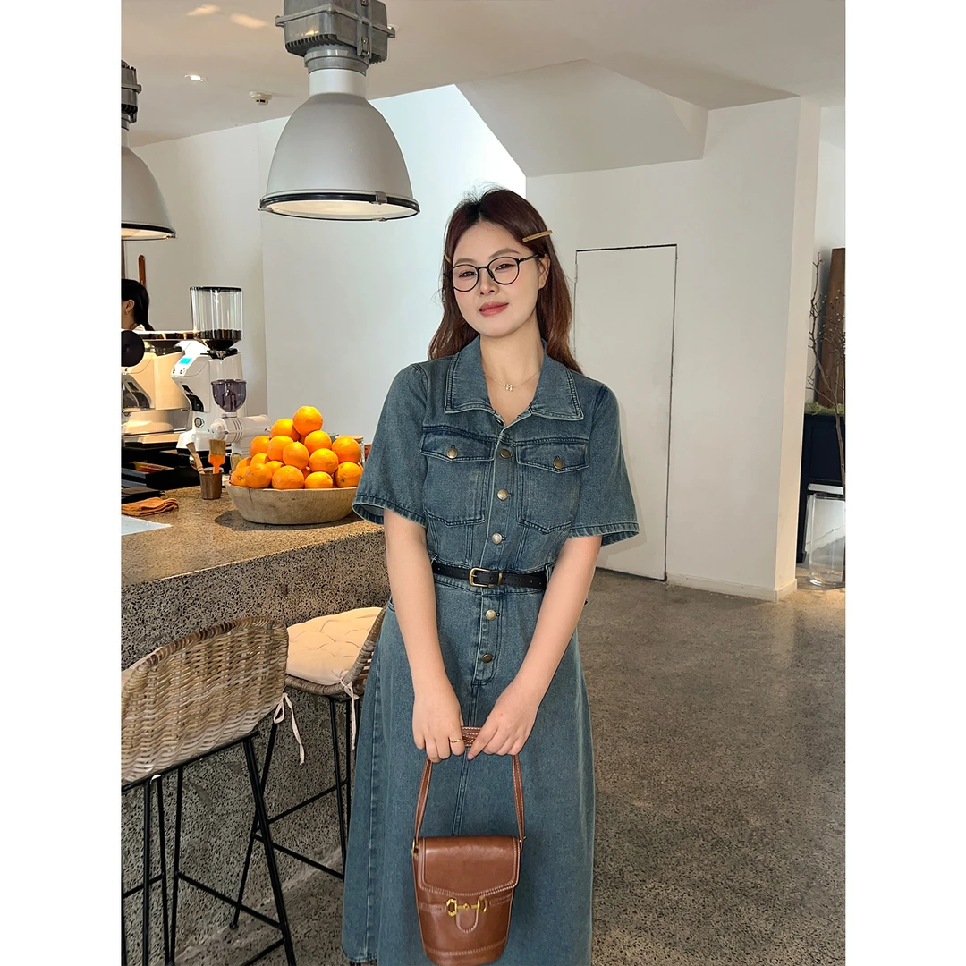 【含腰带】大码百分百春夏复古牛仔连衣裙短袖显瘦遮肉女装裙子0720