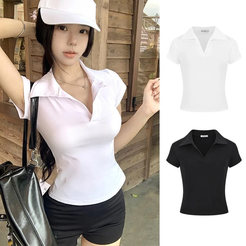 新款翻领正肩短袖T恤女夏季辣妹修身显瘦polo领白色韩版休闲上衣