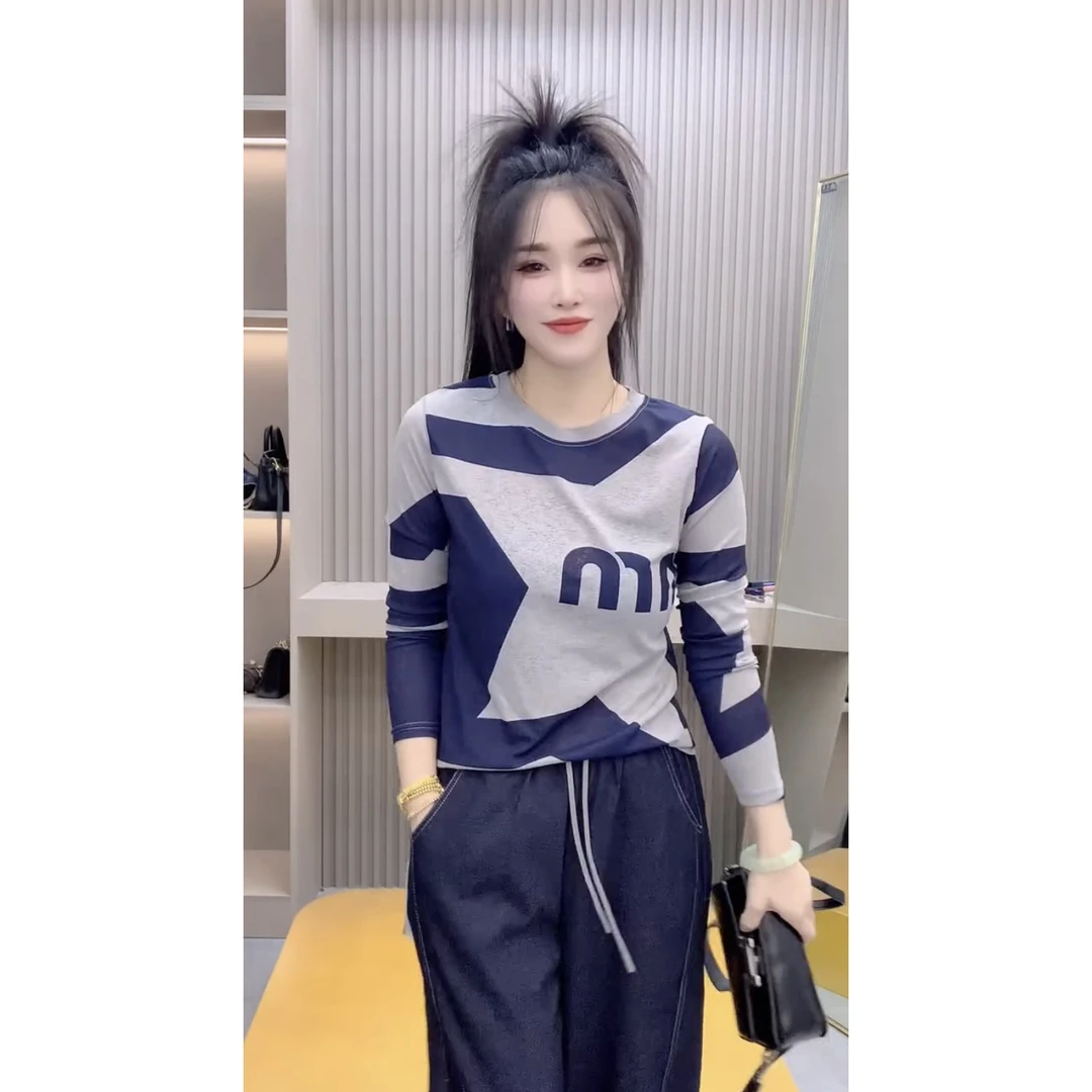 欧洲站2025春夏新款字母拼色长袖防晒t恤女时尚宽松显瘦套头上衣