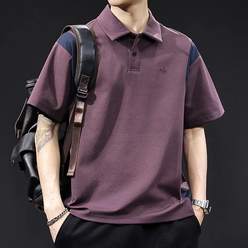 复古撞色拼接Polo衫男夏季2025新款美式短袖t恤高端潮牌大码体恤
