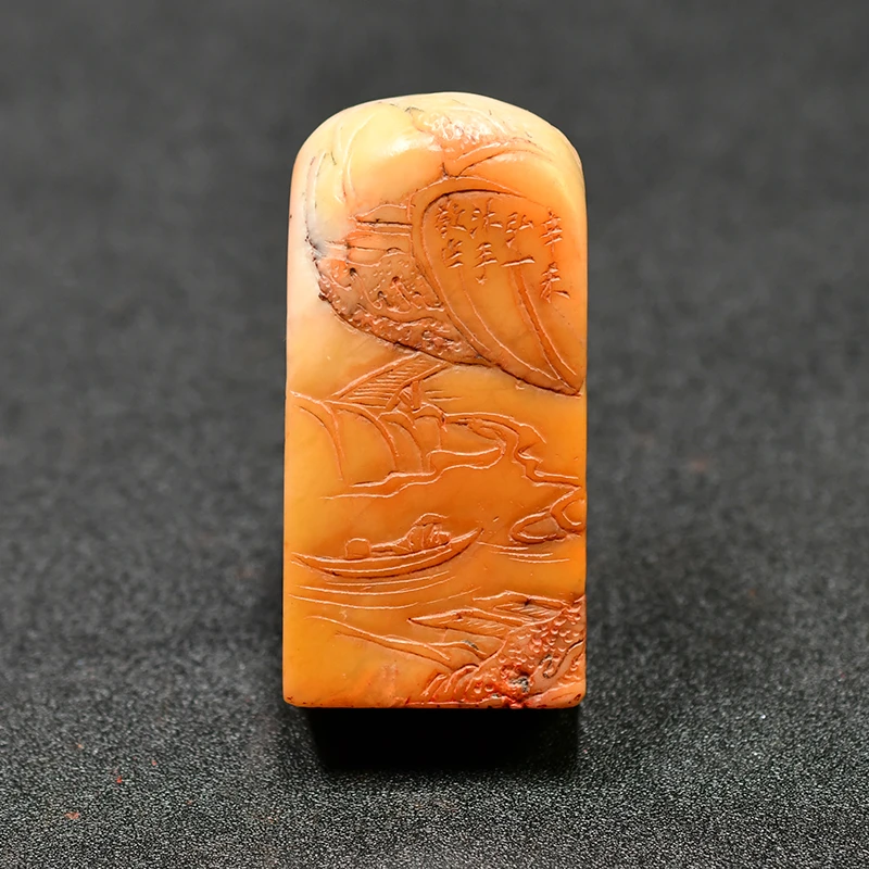老印章金石篆刻 寿山石 黄芙蓉 薄意雕山水 造像印 印章H4