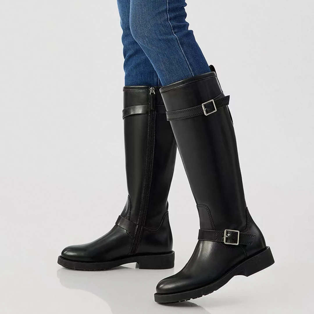 DEEP BREATH深呼吸女鞋双扣牛皮平底侧拉链马靴长靴女靴AX15253