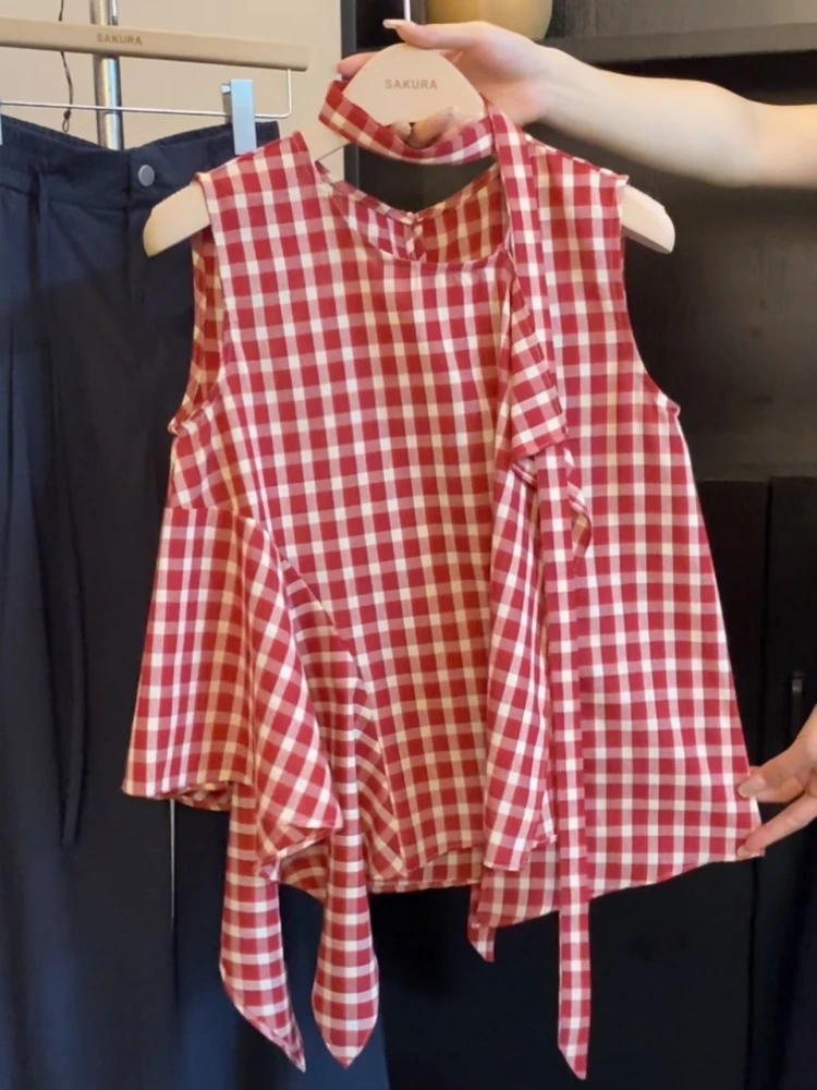 盛夏物语~媛韩版气质拼接不规则飘带红格子衬衫女荷叶边无袖小衫