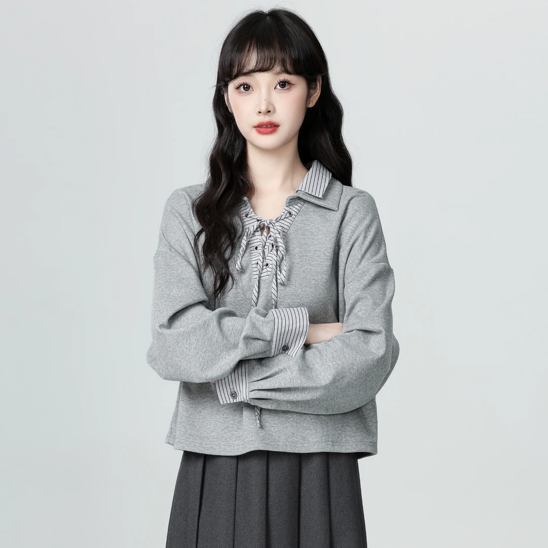 浅灰色POLO领卫衣女秋2025春秋新款设计感撞色翻领系带套头短上衣