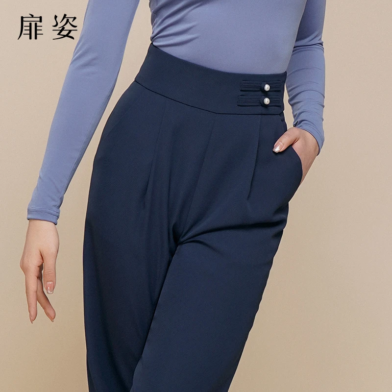 扉姿 摩登舞裤女士气质高腰舞蹈长裤显瘦垂感拉丁舞直筒裤子M2019