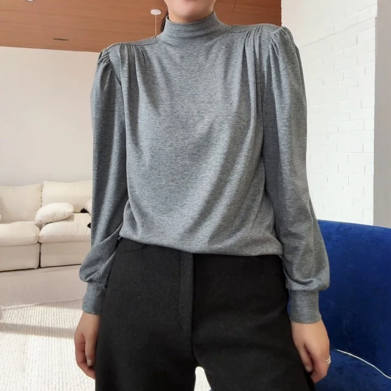 半高领泡泡长袖打底衫女2025年秋冬新款洋气内搭休闲宽松显瘦上衣