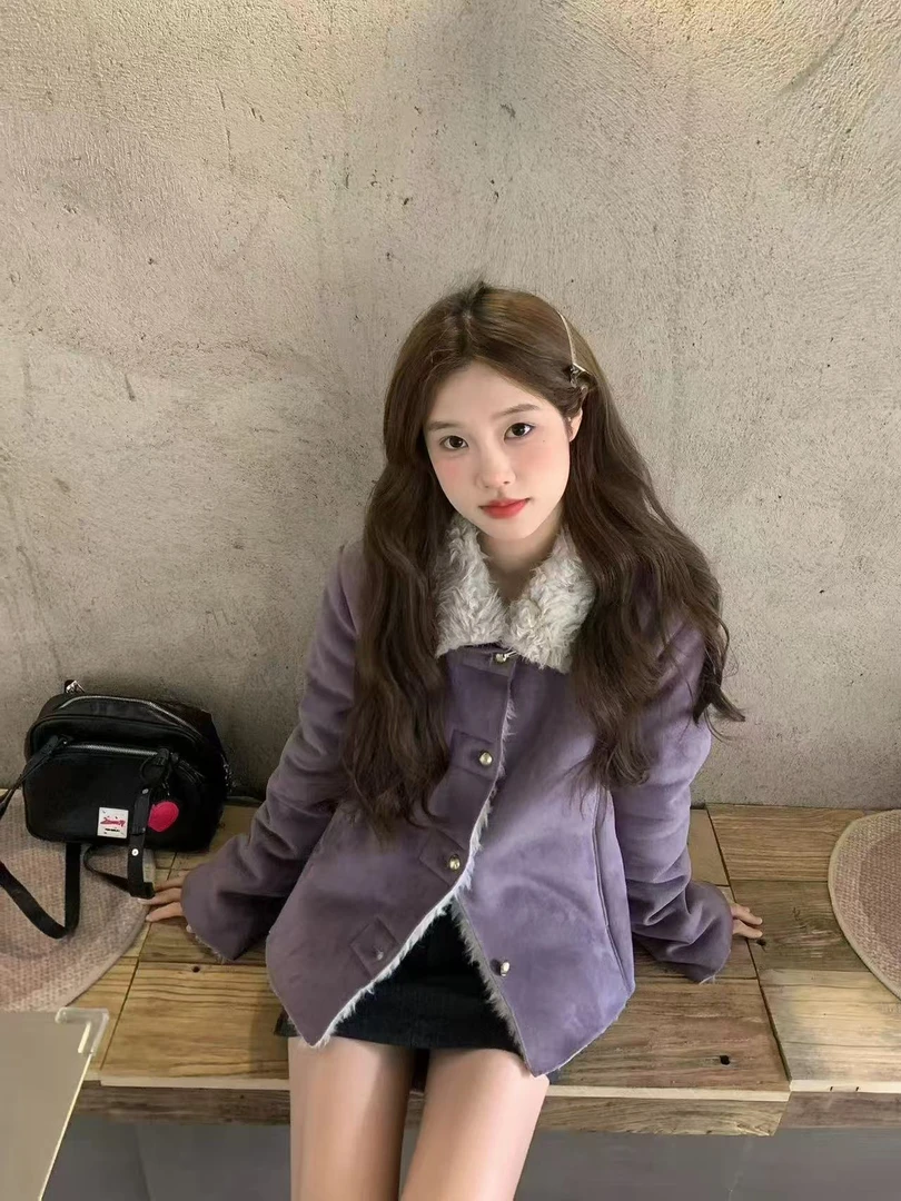 复古紫色冬季外套女2025新款宽松加厚保暖棉服上衣
