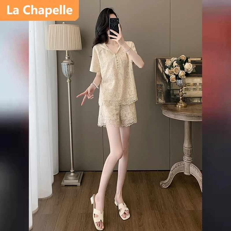 拉夏贝尔高级感气质时尚套装夏季潮流御姐短袖蕾丝连帽短袖两件套