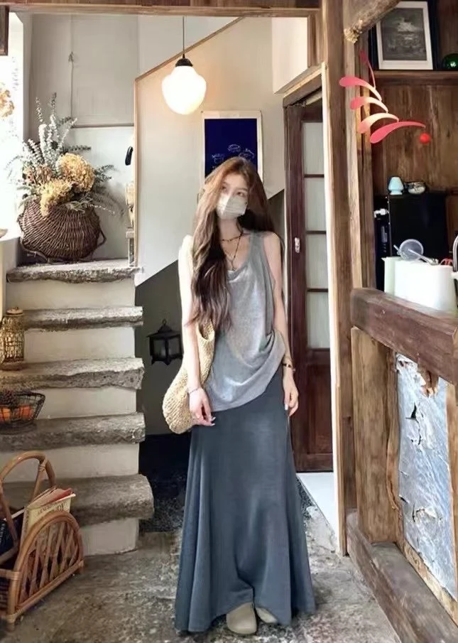 纯欲慵懒风女装温婉大方衣服甜美可爱风格衣服两件套灰色套装无袖