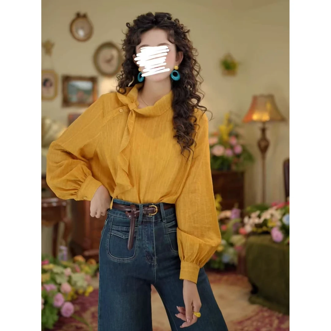 【710】港风复古条纹绑带长袖百搭宽松衬衫女新款设计感漂亮上衣