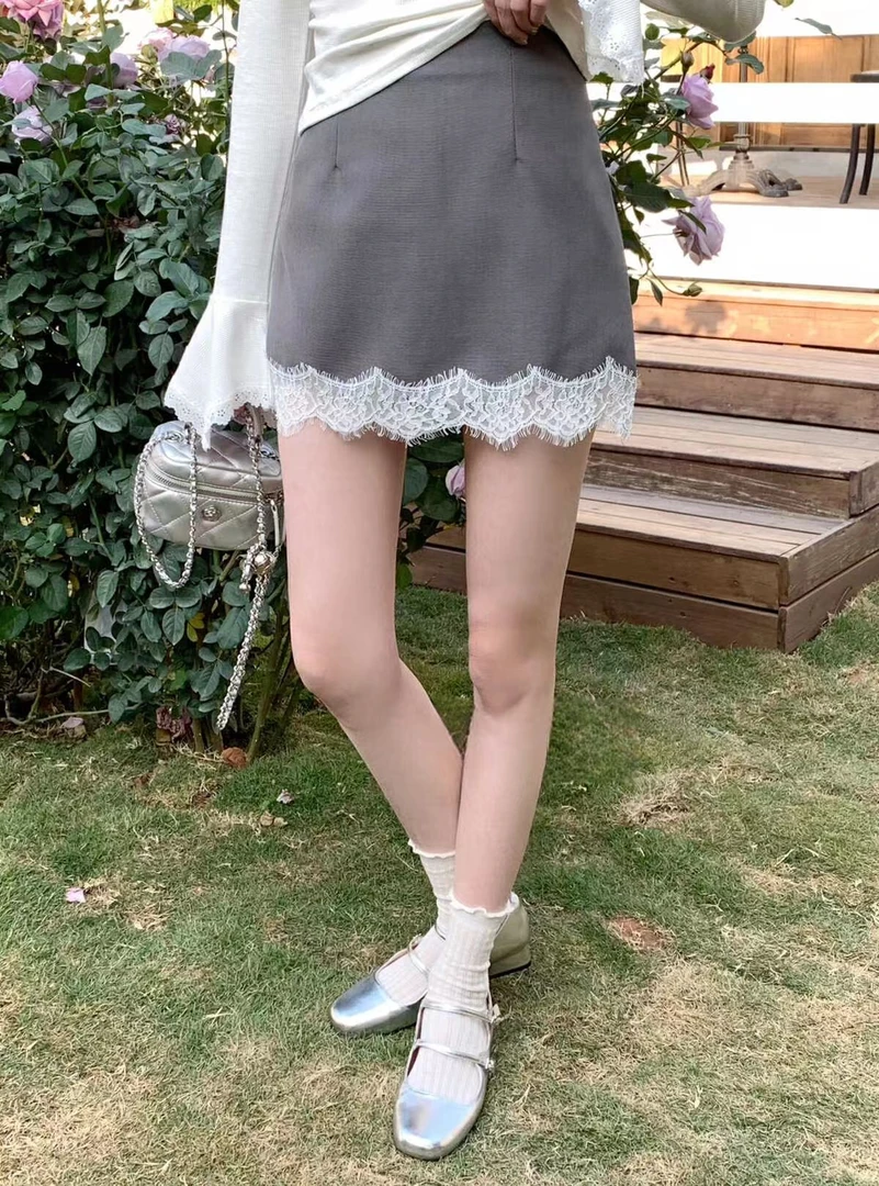 春款上新！百搭高腰显瘦遮胯下摆蕾丝拼接西装半身裙