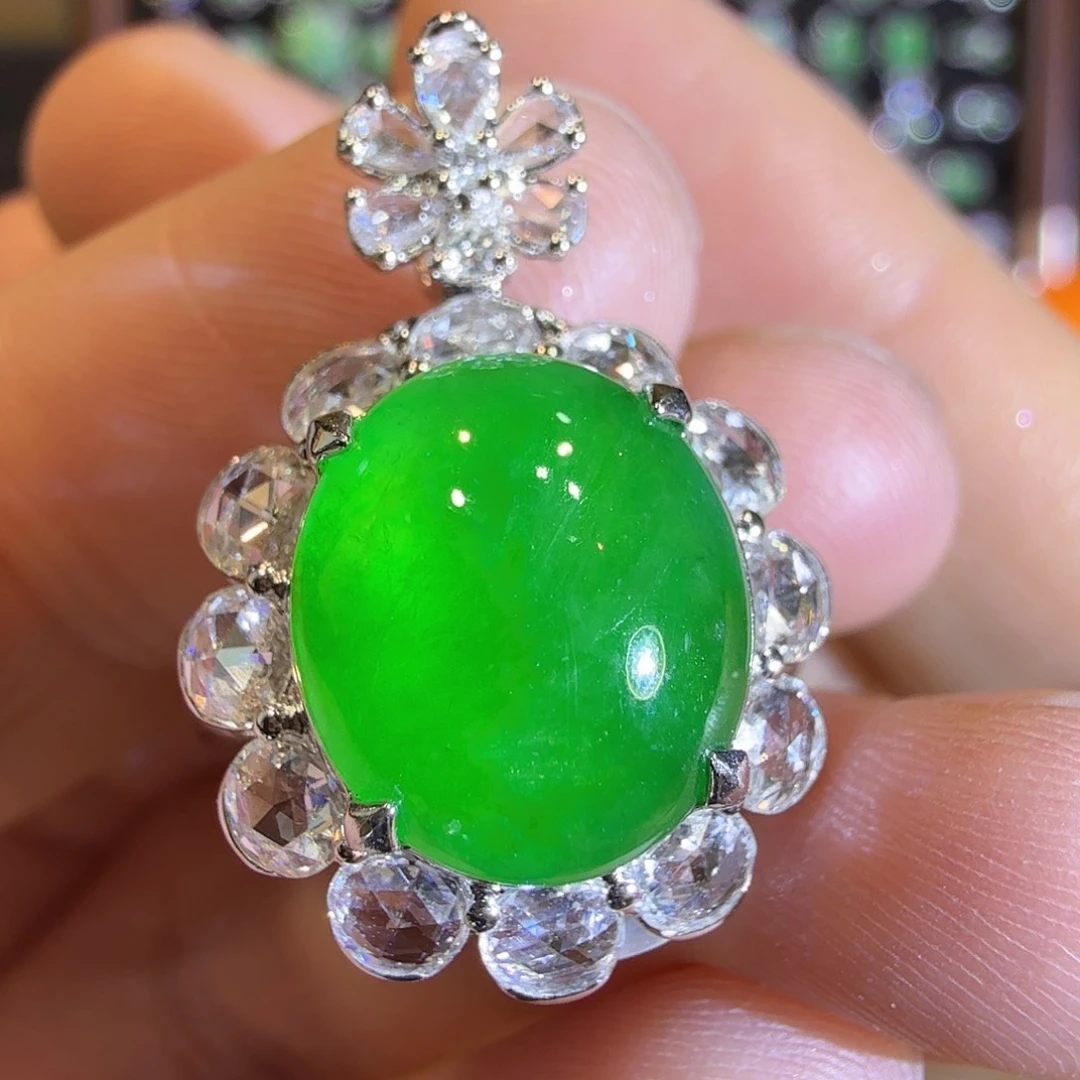 翡翠吊坠(赠链)18K金镶嵌高冰正阳绿蛋面两用款