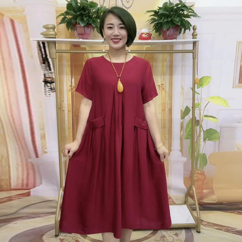 夏季新款中老年时尚带兜遮肚显瘦高档长款宽松连衣裙韩版休闲短袖