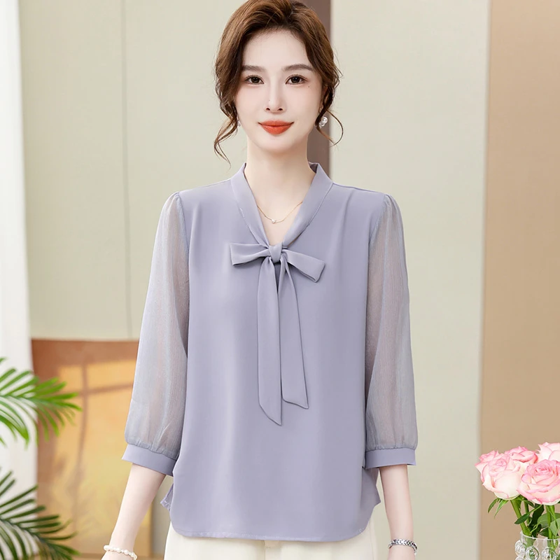 中年女士七分袖上衣春夏新款洋气时尚气质中老年女装小衫薄雪纺衫