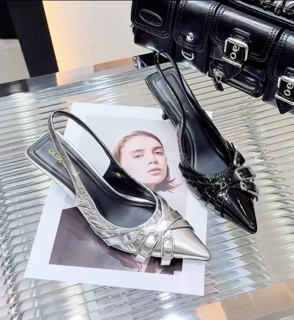 【高端原创欧货】915-02春夏新品法式细跟高跟交叉带皮带扣胎牛漆