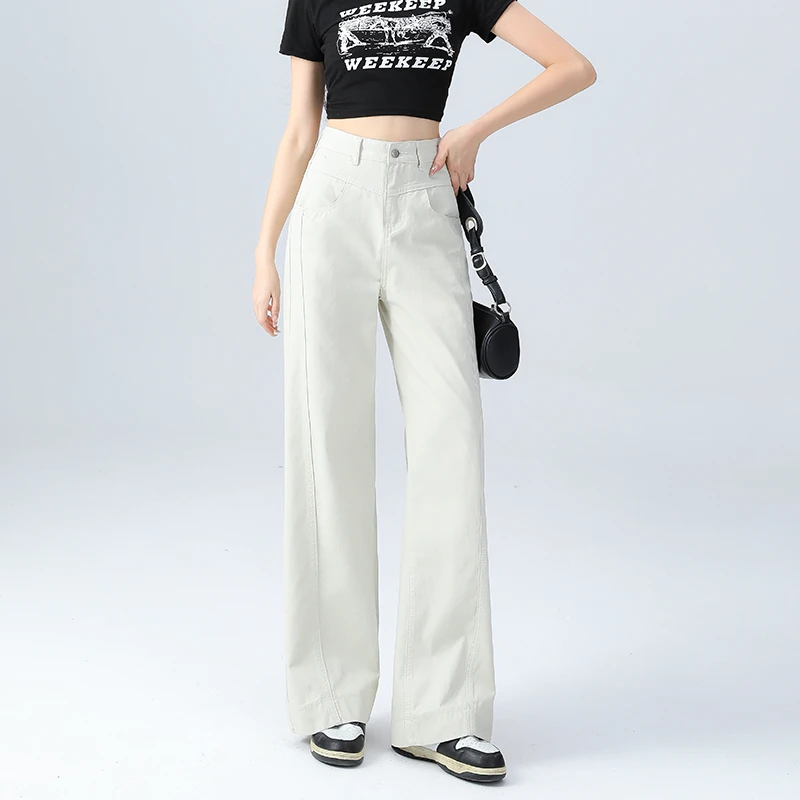 米白色夏季窄版阔腿裤高腰显瘦直筒垂感长裤百搭薄款休闲裤2506
