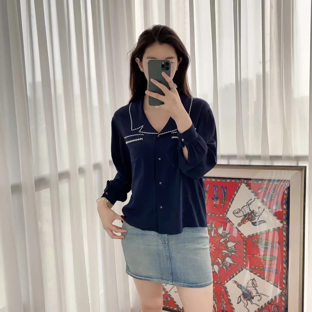 95新 MIU MIU/缪缪 麦殿/丝绸衬衫蓝色/250409WQQ6Z02