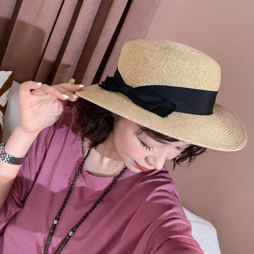 【漫漫家】夏季出游平檐遮阳帽时尚拉菲草蝴蝶结礼帽草编大檐防晒
