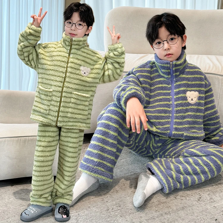 男女童秋冬加厚珊瑚绒家居服套装可外穿保暖条纹休闲睡衣空调服潮