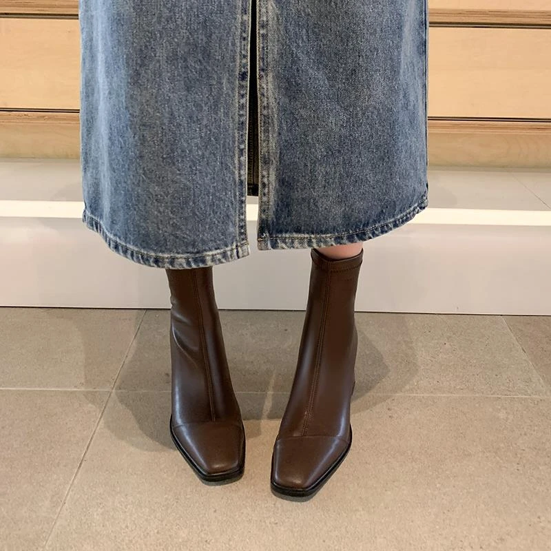 大尺码短靴41—43女靴瘦瘦靴高跟春秋单靴子方头弹力靴粗跟2025新