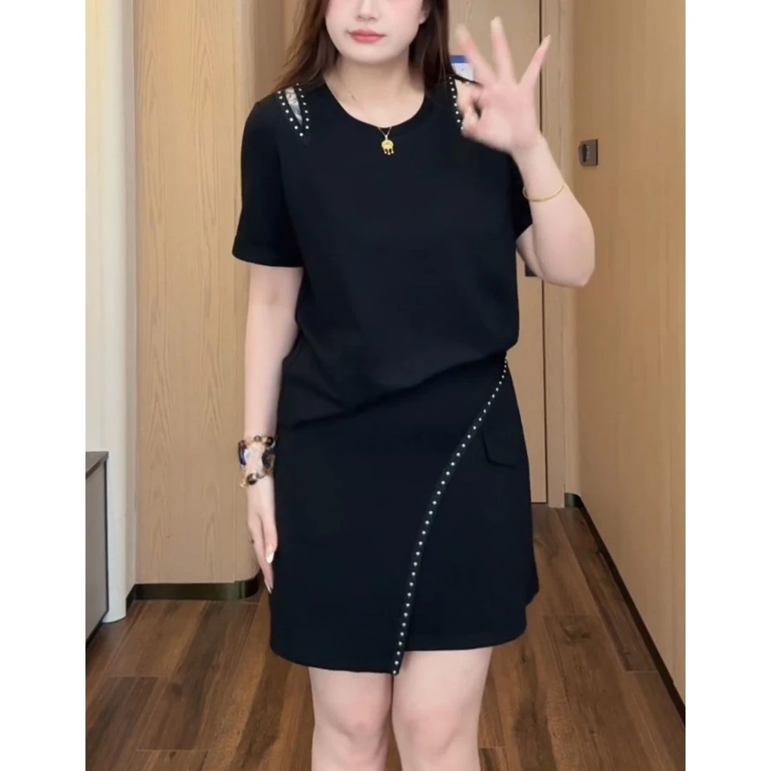 时尚休闲套装女2025夏季新款气质显瘦设计感短袖上衣半身裙两件套