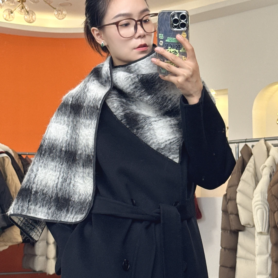 ZIKUO/紫阔2025秋冬特价双排扣设计撞色披肩双面呢羊绒长款大衣