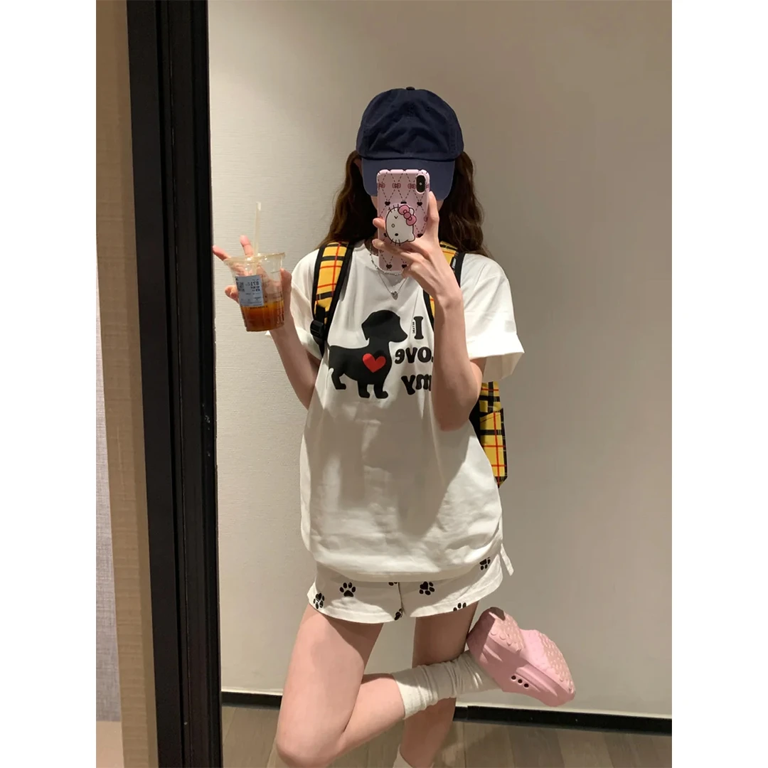 夏季新款穿搭卡通小狗印花短袖t恤女休闲宽松五一旅游显瘦短袖