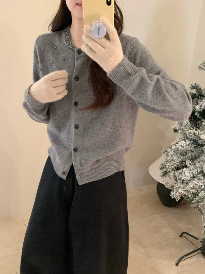 【潘潘.9619】2024年冬季新款时尚百搭圆领纯色针织开衫