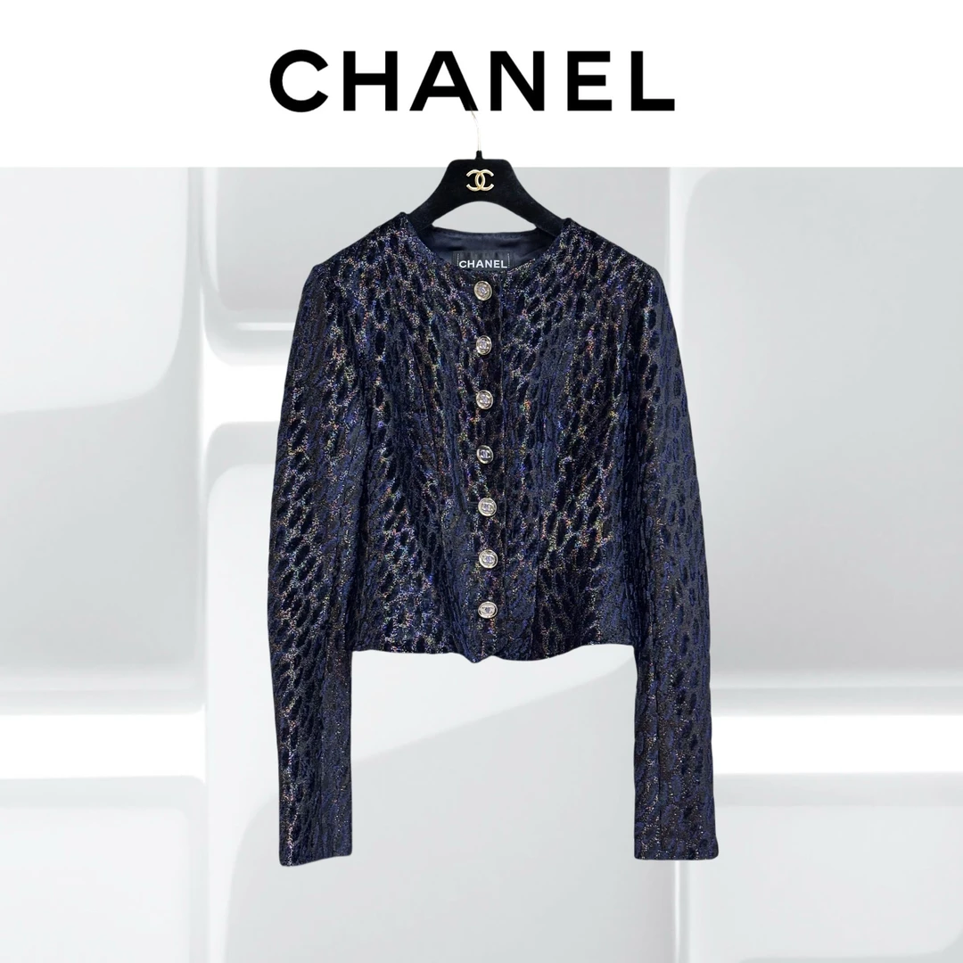 99新 Chanel/香奈儿 34码23A 蓝黑丝绒鎏金圆领豹纹外套