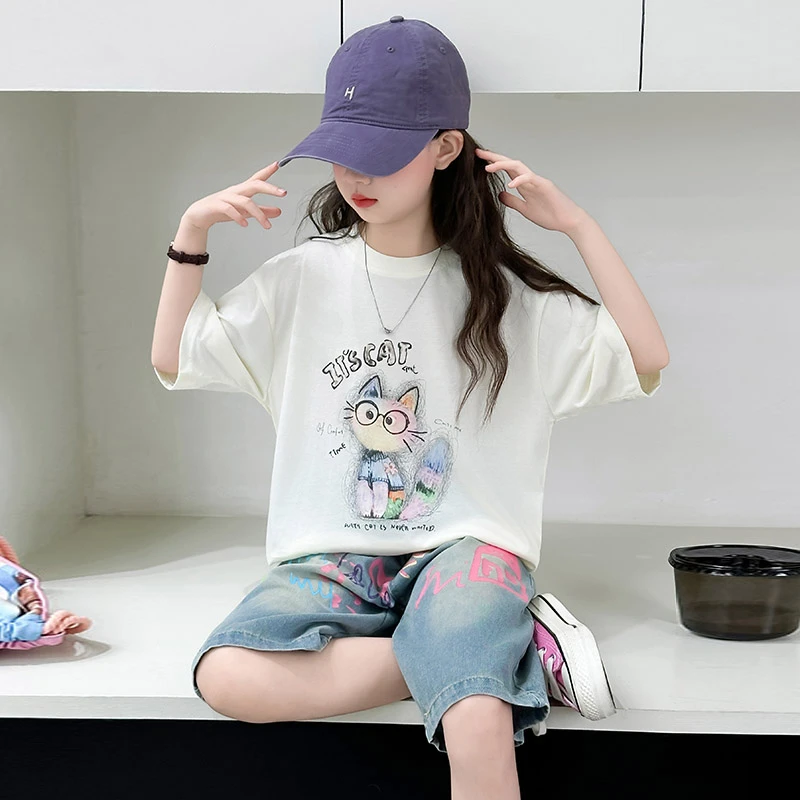 女童夏装套装潮新款中大童儿童短袖牛仔中裤两件套夏天女孩炸街款