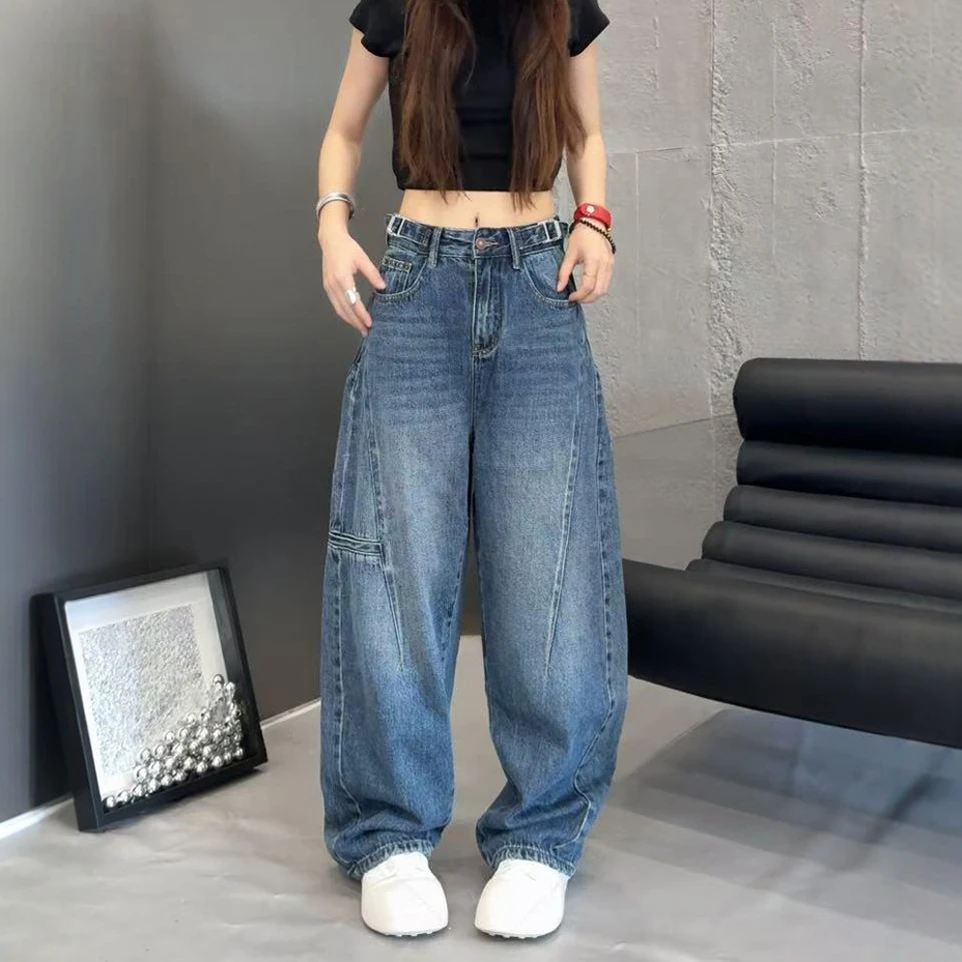 拉夏贝尔时尚阔腿牛仔裤女2025夏季新款高腰显瘦宽松美式直筒裤子