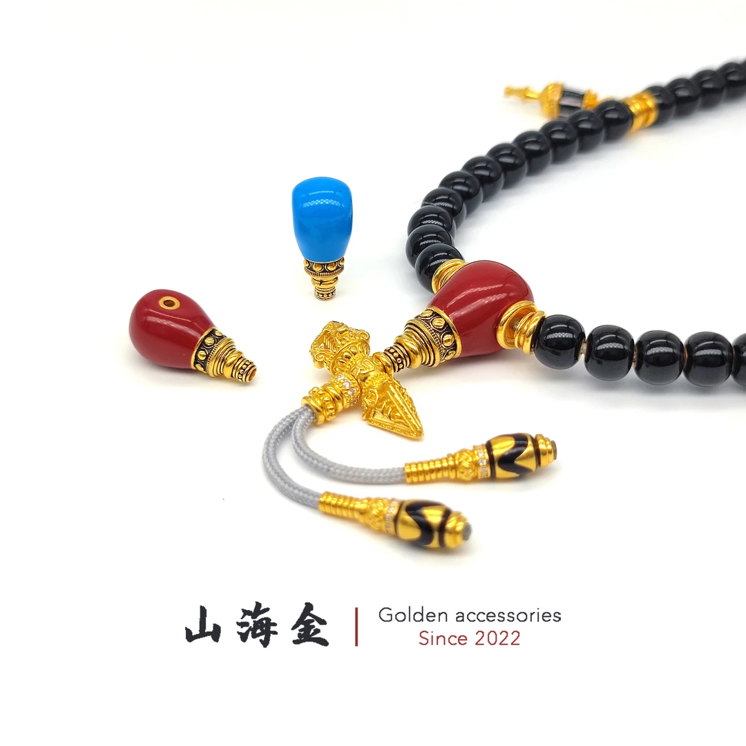 山海金 24K黄金999足金 珐琅彩佛塔三通柏香金刚文玩手串DIY配饰