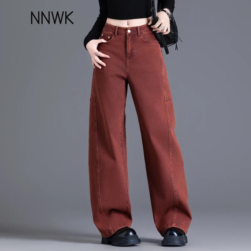 红色美式复古工装牛仔裤女爆款2025春秋新款炸街宽松弯刀裤阔腿裤