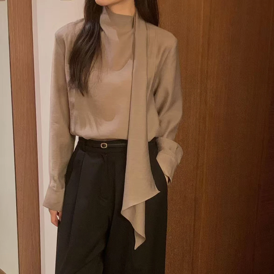 No退No换韩国东大门女装2025新款立领飘带长袖衬衫女605b