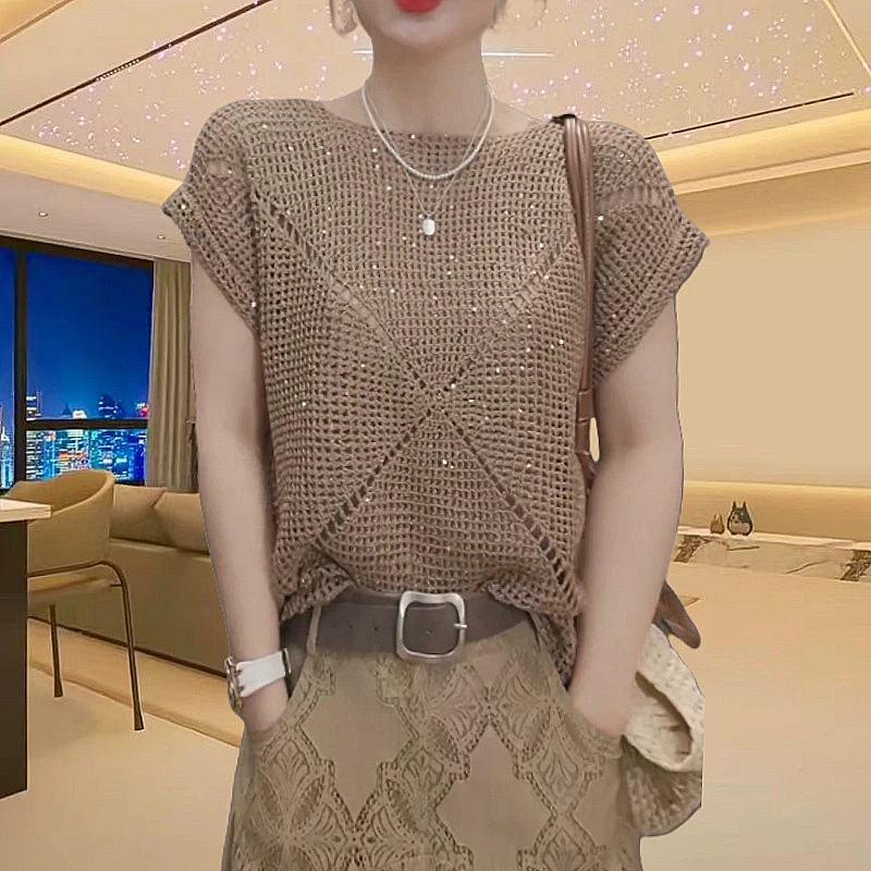 【2】短袖亮片镂空针织衫女设计高端洋气上衣2025新款时尚气质毛衣