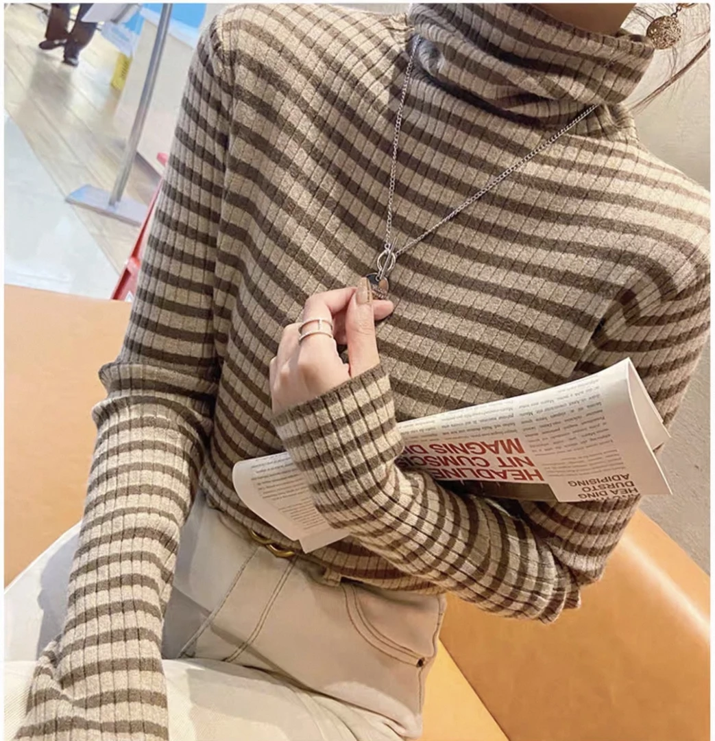 堆堆领【卡其色条纹打底衫】新款重工编织软糯亲肤条纹撞色打底衫