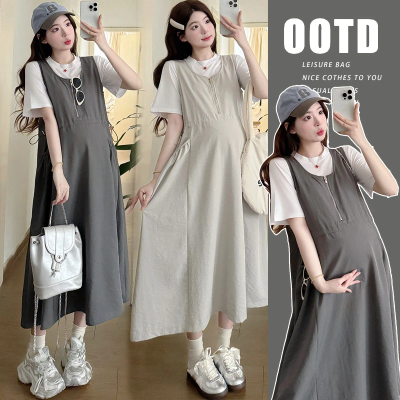 【酥酥】2025夏季孕妇套装纯白T恤纯色孕妇连衣裙遮肉显瘦