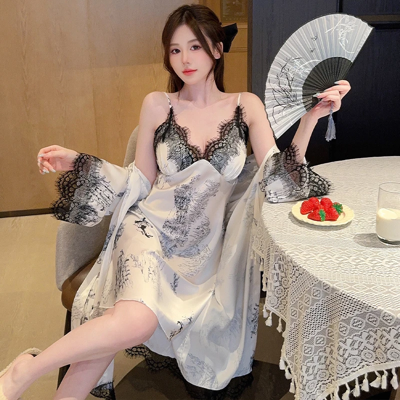 泼墨性感睡衣女春季2025年新款蕾丝睡袍吊带睡裙带胸垫薄款家居服