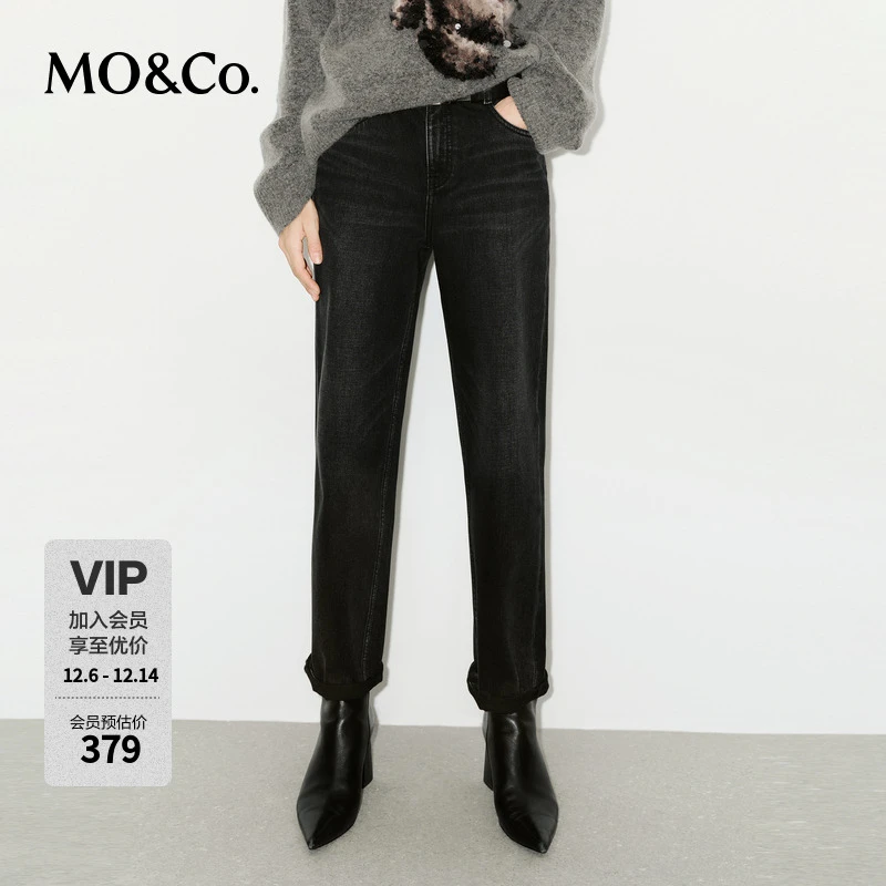MOCO牛仔裤冬中高腰精裁九分直筒洗水黑色长裤MBD4JENT03