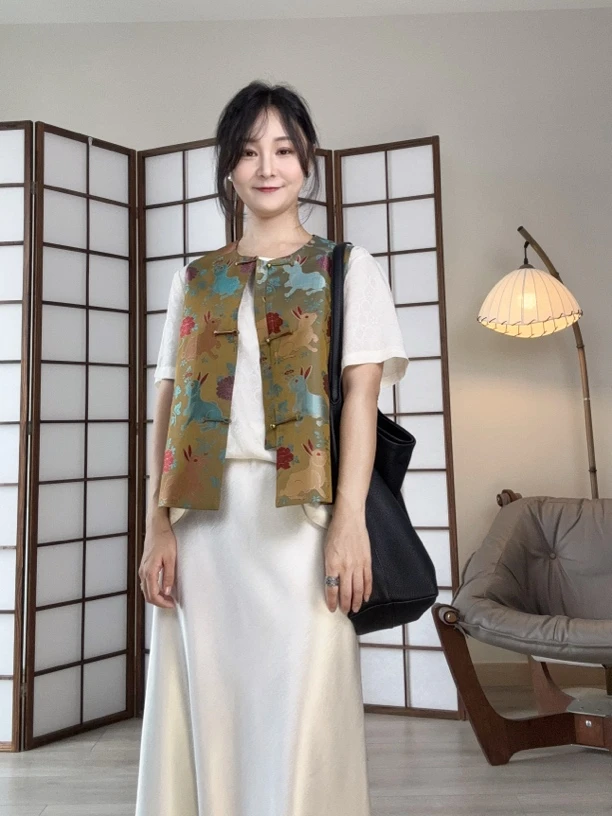 100%桑蚕丝宋锦马甲*玉兔衔芝*100%桑蚕丝里衬