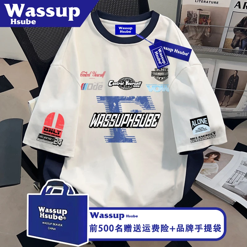 WASSUP HSUBE复古赛车风印花上衣夏季松弛短袖ins男女纯棉潮流T恤