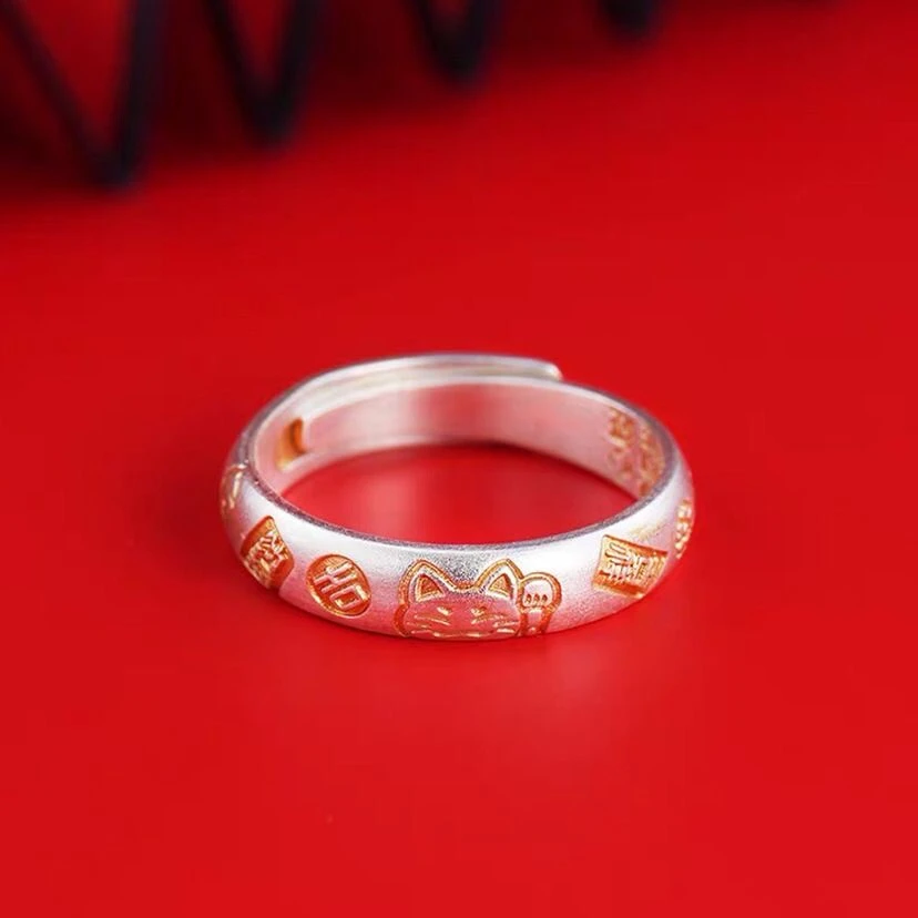 足银戒指 银9999招财吉言戒指女描金招财猫新中式国潮个性高级感