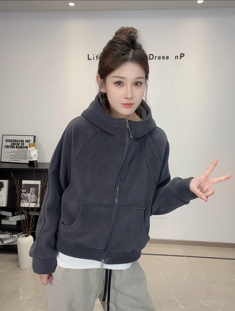 2025秋冬新款奥粒绒重磅加厚连帽卫衣户外运动休闲开衫外套女