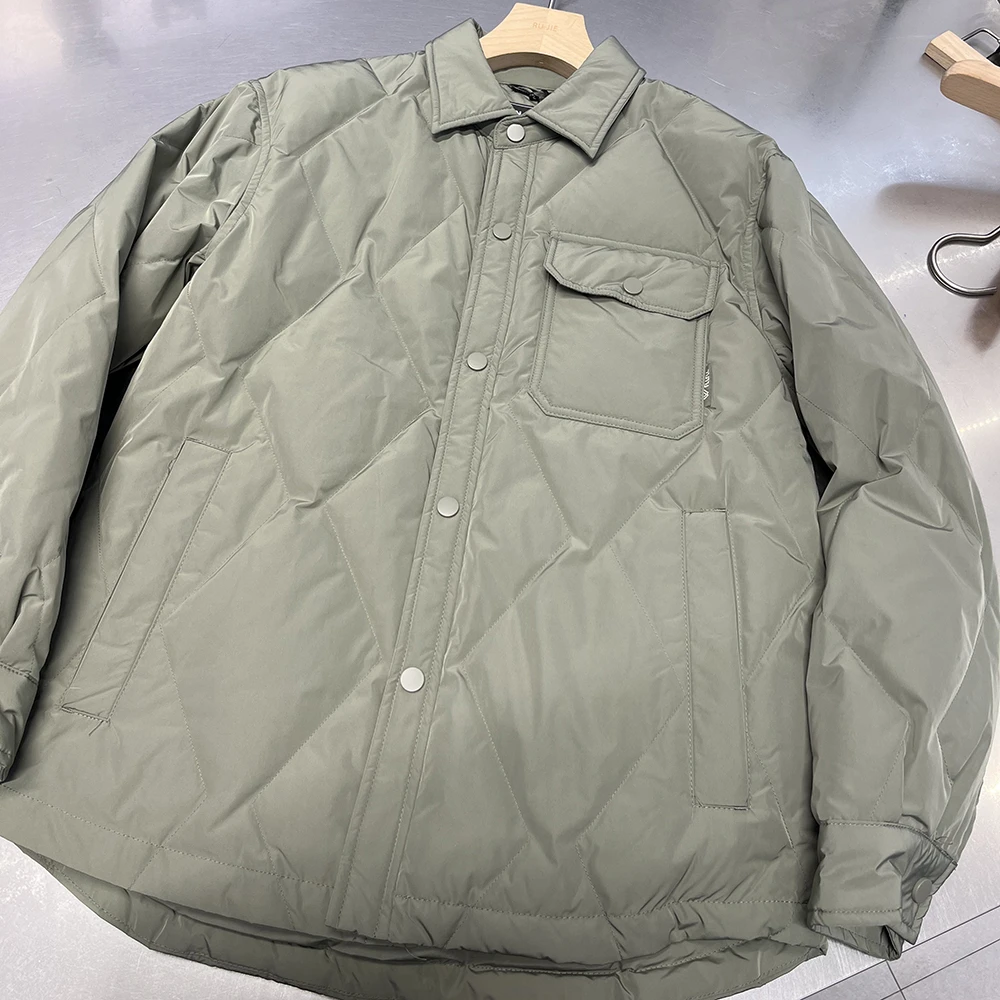 时尚百搭男士冬季衬衫款菱形格翻领羽绒服