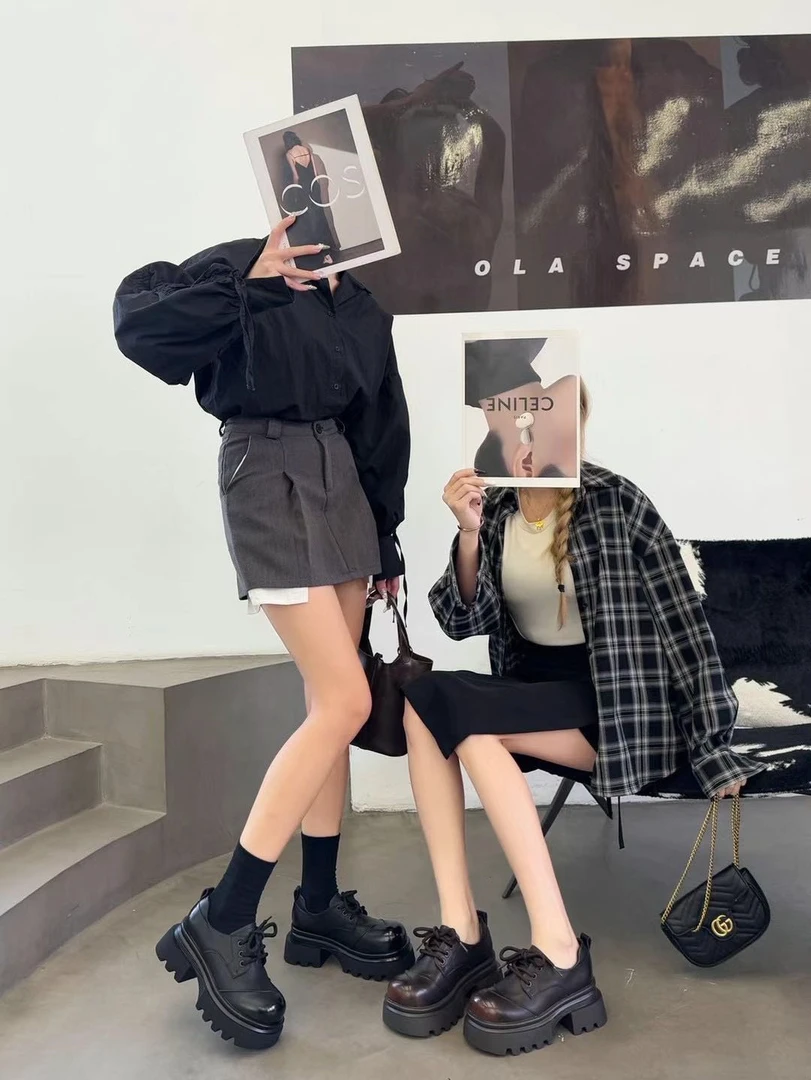 【SiSi】新疆包邮欧货真皮系带厚底英伦风单鞋百搭小个子乐福鞋潮