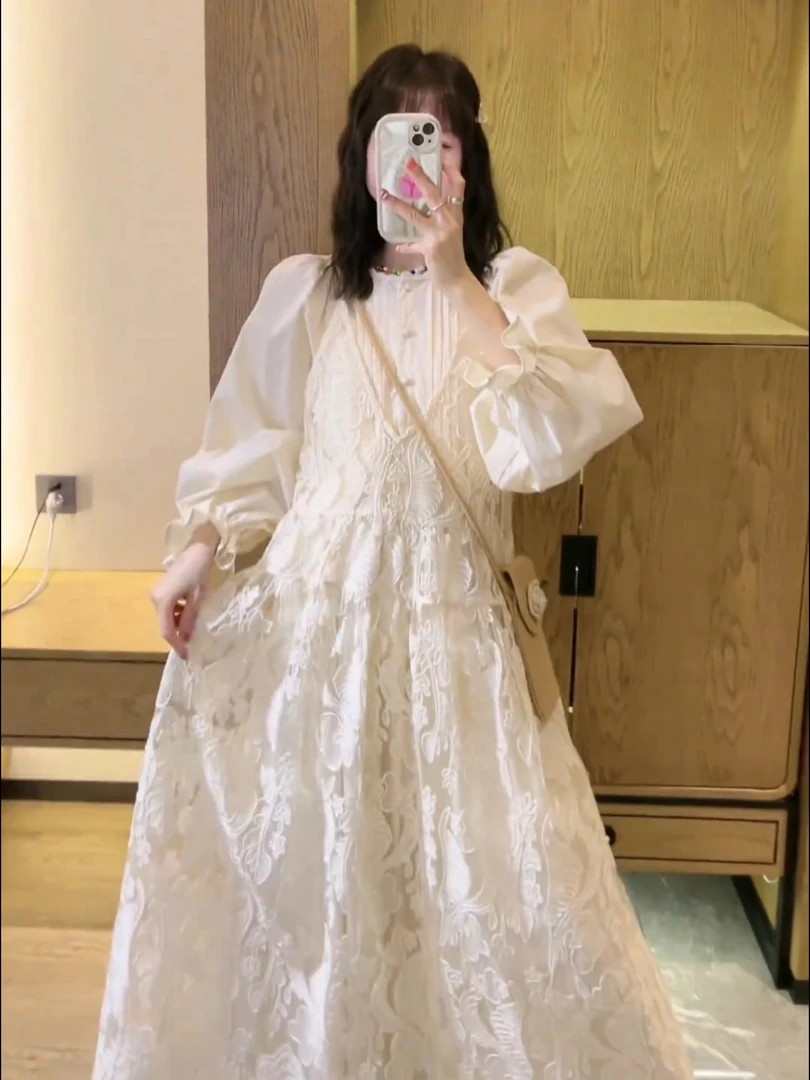 法式超仙温柔风甜系纯色长袖宽松长款连衣裙女#z626